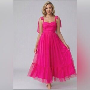 Hot Pink Swiss Dot Tulle Midi Dress with Tie-Shoulder Straps